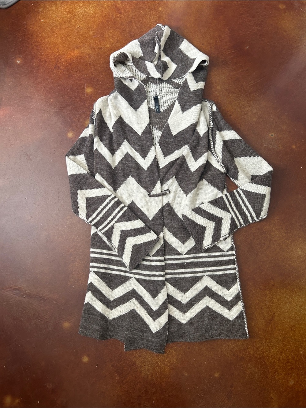 Southwestern Hooded Open Cardigan Sweater in Gray and Cream
